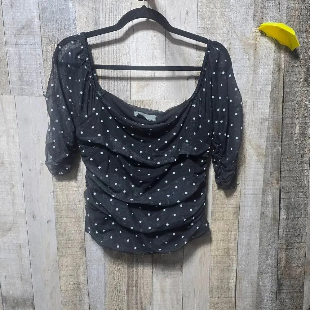 By Anthropologie Black Polka Dot Shirred Ruched Blouse Preppy Trendy Contemporar